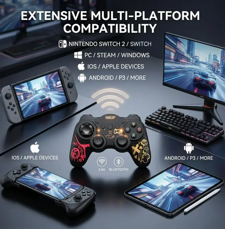 Black NBCP wireless controller in front of a Switch, PC, tablet and phone, showing multi-platform play