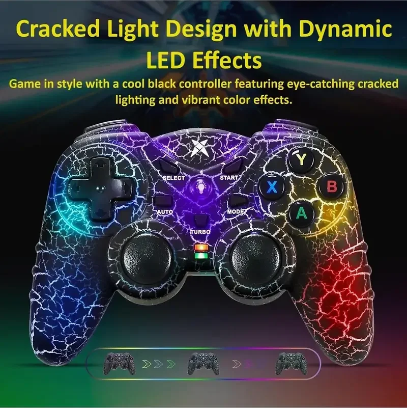 Black NBCP controller with cracked-pattern RGB lighting glowing purple, green and red