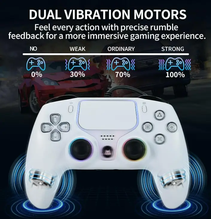 White NBCP wired PS5 controller with glowing stick rings and dual vibration motors
