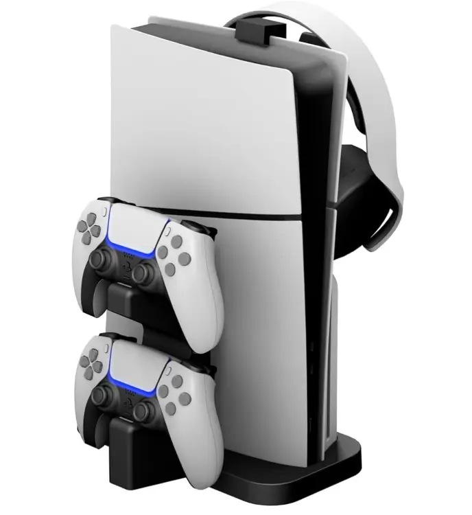NBCP PS5 Slim Vertical Stand with Dual Controller Charger and LED Indicators for PlayStation 5 Slim Disc & Digital Editions, Includes Headset Holder, Storage Accessory Stand for PS5 Slim, Black